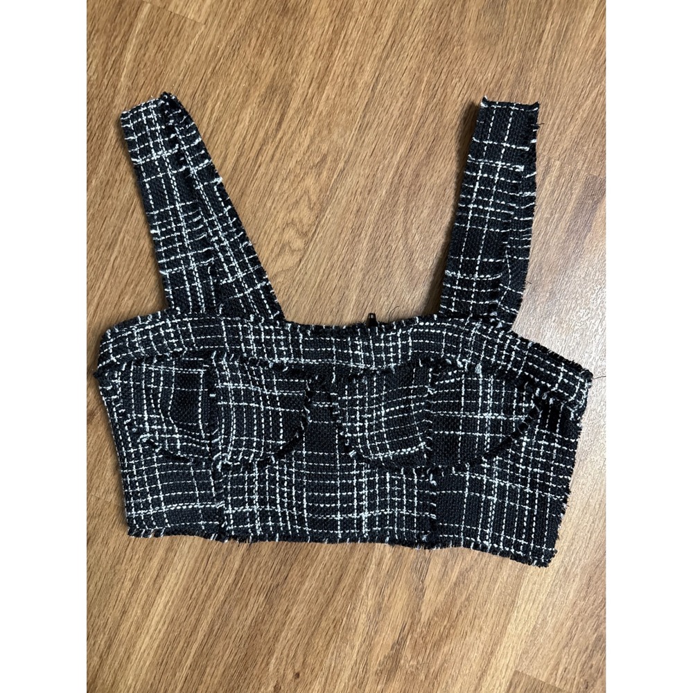H&M Black White Tweed Plaid Bustier Crop Top Sleeveless Frayed Edges Small y2k
